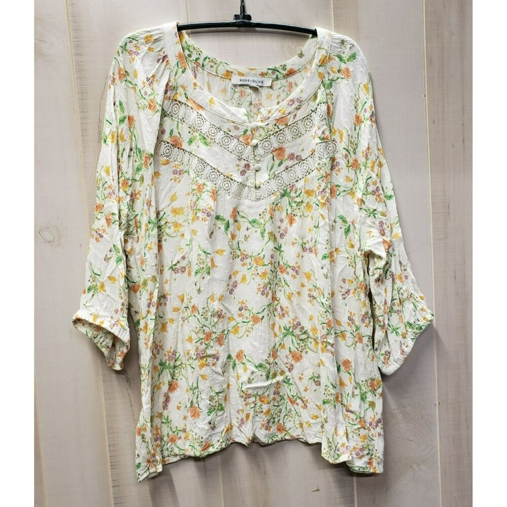 Rose Olive 2X Floral Peasant Blouse With Lace Accents, 3/4 Sleeves, Rayon Fabric